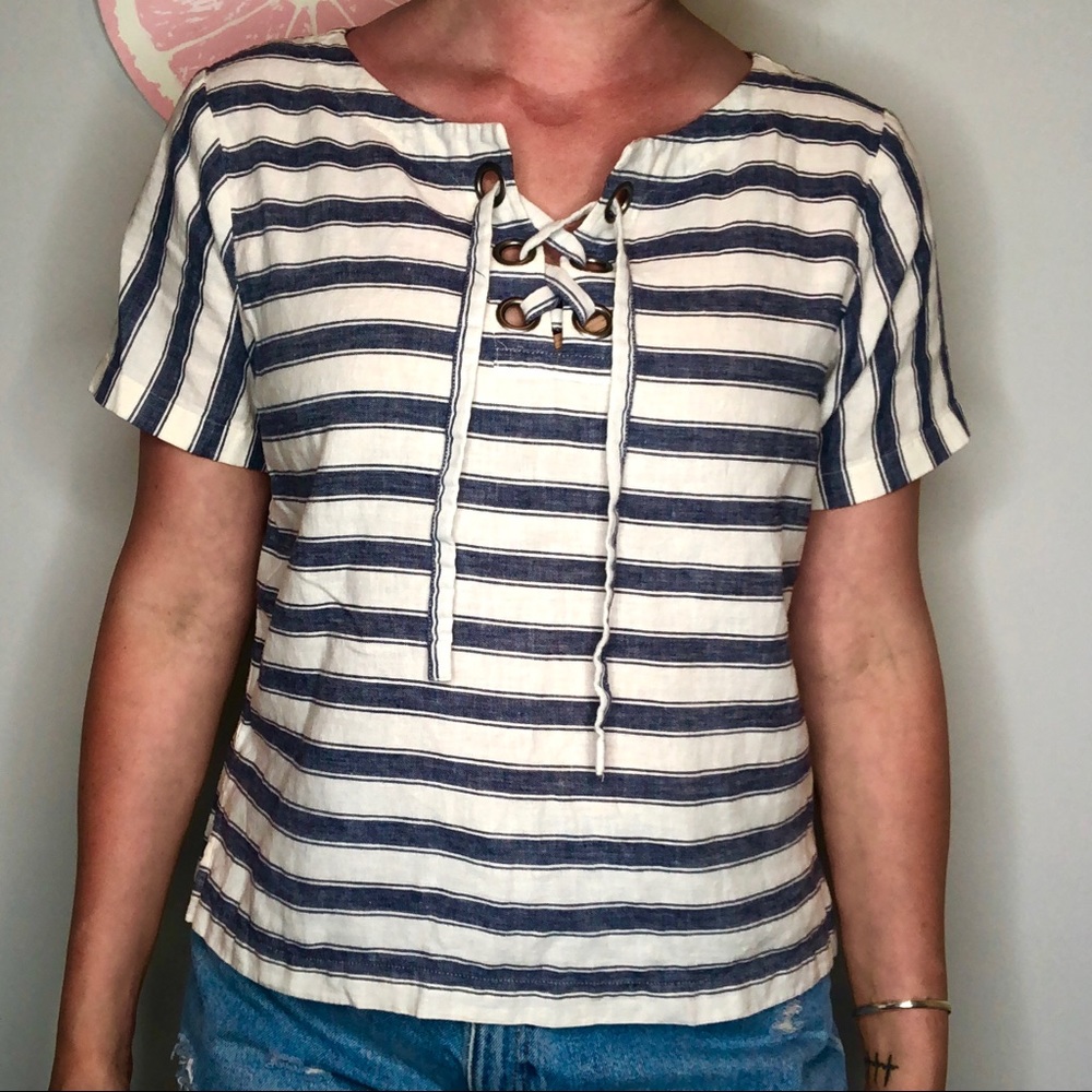 Madewell top grommet lace up blue stripe medium
